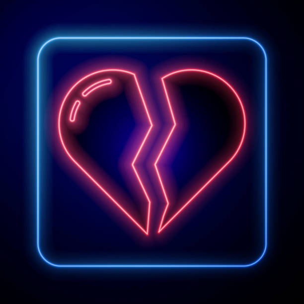 illustrazioni stock, clip art, cartoni animati e icone di tendenza di neon incandescente cuore spezzato o icona di divorzio isolata su sfondo blu. simbolo d'amore. san valentino. vettore - rompere