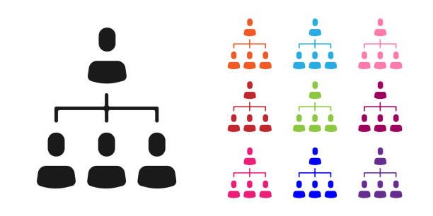 black business hierarchie organogramm diagramm infografik-symbol isoliert auf weißem hintergrund. grafische elemente der unternehmensorganisationsstruktur. setzen sie symbole bunt. vektor - clipart grafiken stock-grafiken, -clipart, -cartoons und -symbole