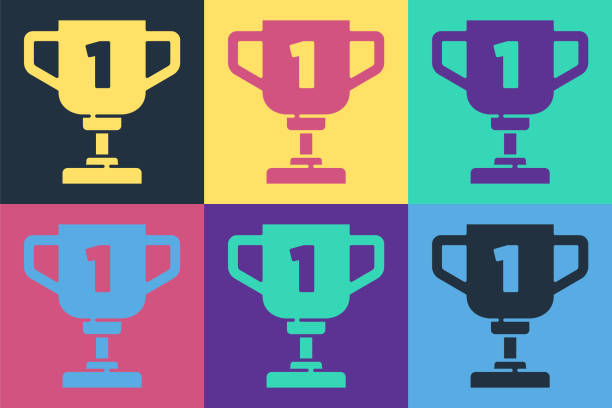 ilustrações, clipart, desenhos animados e ícones de ícone da taça do prêmio pop art isolado no fundo de cores. símbolo do troféu vencedor. troféu de campeonato ou competição. sinal de realização esportiva. vetor - old fashioned retro revival sport american football