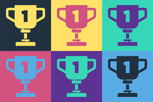 Pop art Award cup icon isolated on color background. Winner trophy symbol. Championship or competition trophy. Sports achievement sign. Vector.