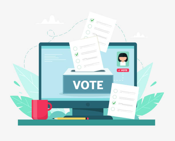 ilustrações de stock, clip art, desenhos animados e ícones de online voting concept. computer with human recognition and remote voting system. vector illustration in flat style. - interface icons election voting usa