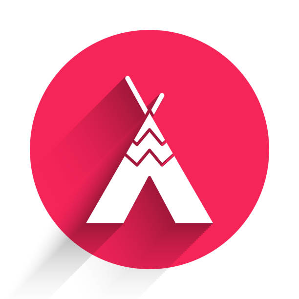 ilustraciones, imágenes clip art, dibujos animados e iconos de stock de blanco tradicional indio teepee o wigwam icono aislado con sombra larga. tienda india. botón de círculo rojo. vector - teepee