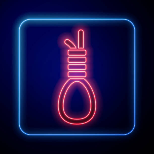 Glowing neon Gallows rope loop hanging icon isolated on blue background. Rope tied into noose. Suicide, hanging or lynching. Vector Glowing neon Gallows rope loop hanging icon isolated on blue background. Rope tied into noose. Suicide, hanging or lynching. Vector. silhouette of the hanging noose stock illustrations
