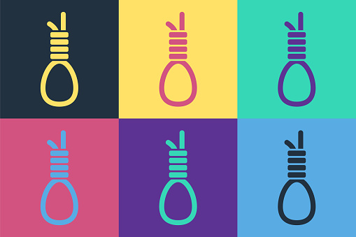 Pop art Gallows rope loop hanging icon isolated on color background. Rope tied into noose. Suicide, hanging or lynching. Vector.