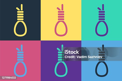 istock Pop art Gallows rope loop hanging icon isolated on color background. Rope tied into noose. Suicide, hanging or lynching. Vector 1271984032