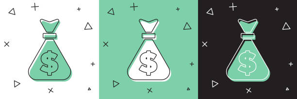 beyaz ve yeşil, siyah arka plan üzerinde izole para çanta simgesi ayarlayın. dolar veya usd sembolü. nakit bankacılık para birimi işareti. vektör - birikimler illüstrasyonlar stock illustrations
