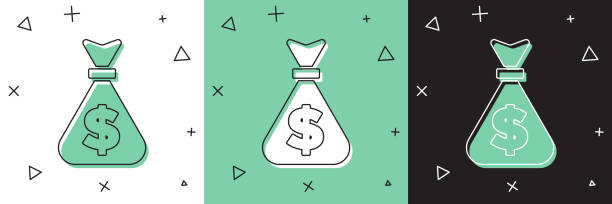 Set Money bag icon isolated on white and green, black background. Dollar or USD symbol. Cash Banking currency sign. Vector Set Money bag icon isolated on white and green, black background. Dollar or USD symbol. Cash Banking currency sign. Vector. bag of coins stock illustrations
