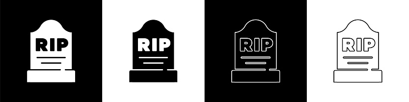 Set Tombstone with RIP written on it icon isolated on black and white background. Grave icon. Vector.