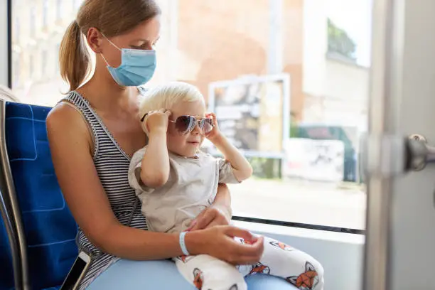 A young mother is sitting with her little son on her lap on the train while she is wearing a face mask and the toddler is playing with sunglasses, photographed in high resolution with copy space