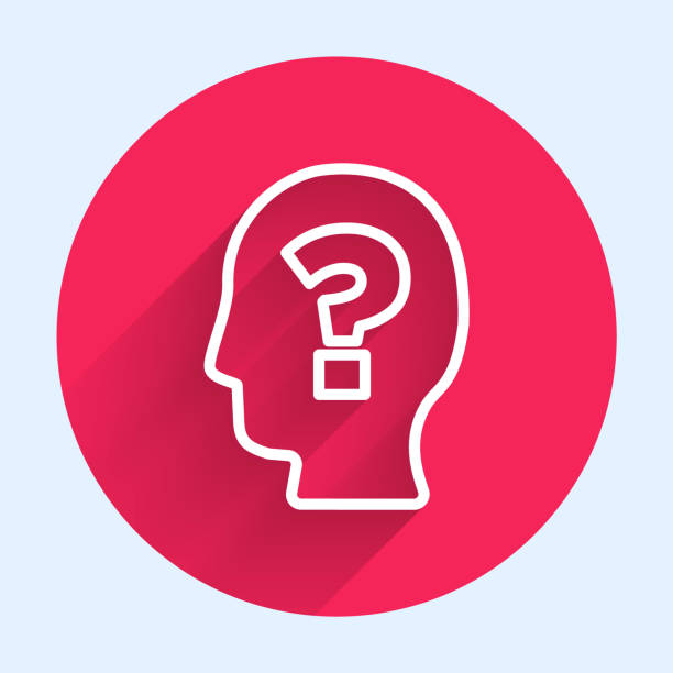 White line Human head with question mark icon isolated with long shadow. Red circle button. Vector White line Human head with question mark icon isolated with long shadow. Red circle button. Vector. red question mark stock illustrations