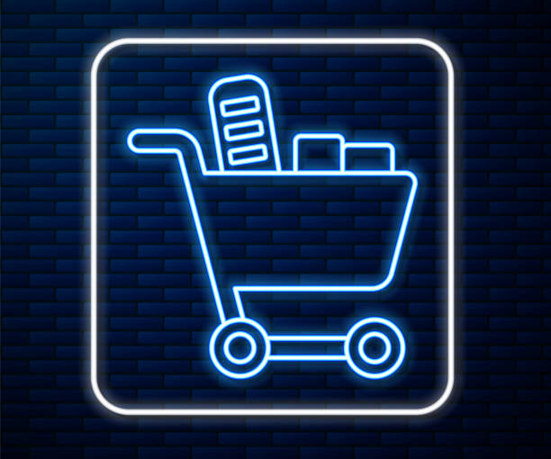 ilustrações de stock, clip art, desenhos animados e ícones de glowing neon line shopping cart and food icon isolated on brick wall background. food store, supermarket. vector - troleicarro