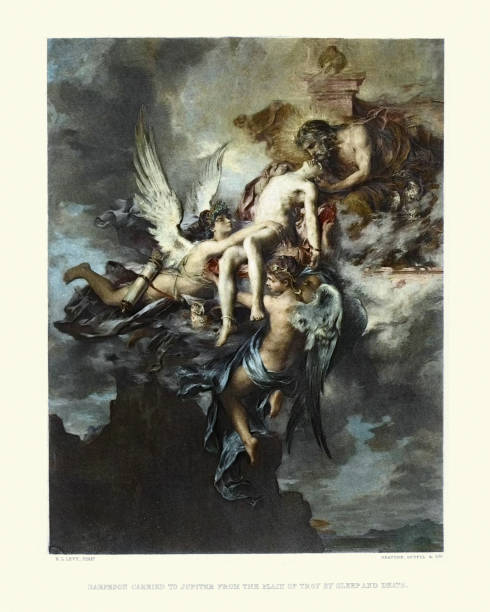 mitologia grecka, sarpedon przeniesiony na jowisza z równiny troja - morbid angel stock illustrations