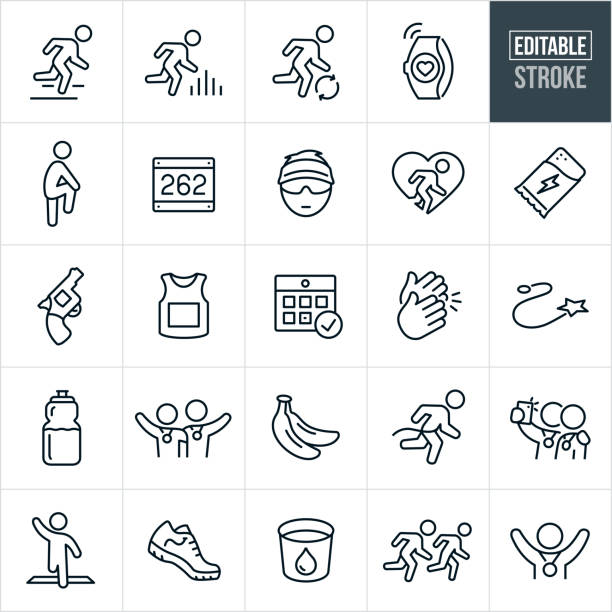 Running and Marathon Thin Line Icons - Editable Stroke A set of running and marathon icons that include editable strokes or outlines using the EPS vector file. The icons include runners running, runners training, heart rate monitor, fitness tracker, runner stretching, race bib, marathon runner with visor, running for fitness, energy bar, protein bar, start gun, running jersey, calendar, clapping hands, race course, water bottle, two runners with finishing medals and arms around each others shoulders, bananas, runner winning race by breaking finishing tape, two runners taking a selfie after race, runner crossing the finishing line, running shoe, water cup and a race finisher with arms in the air and medal around neck to name a few. jogging stock illustrations
