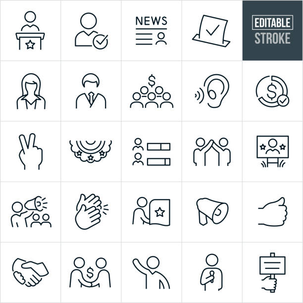 Politics and Election Thin Line Icons - Editable Stroke A set of politics and election icons that include editable strokes or outlines using the EPS vector file. The icons include a politician giving a speech, political candidate with check mark, news article, vote ballot, female politician, male politician, candidates, political network, listening ear, fundraising, peace sign, bunting, political poll, politician with arm raised in victory, political yard sign, politician with bullhorn, hands clapping, person voting, bullhorn, handshake, politician with microphone and a hand holding a protest sign to name a few. social listening stock illustrations