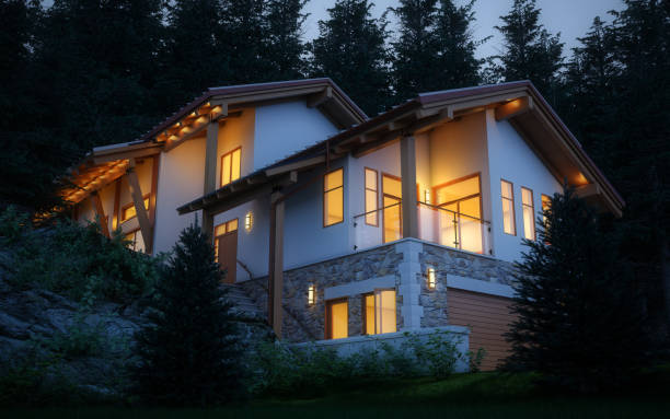 bergvilla (twilight) - house residential structure luxury night stock-fotos und bilder