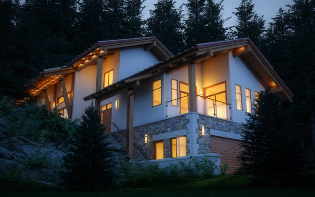 mountain villa (twilight) - house residential structure luxury night imagens e fotografias de stock