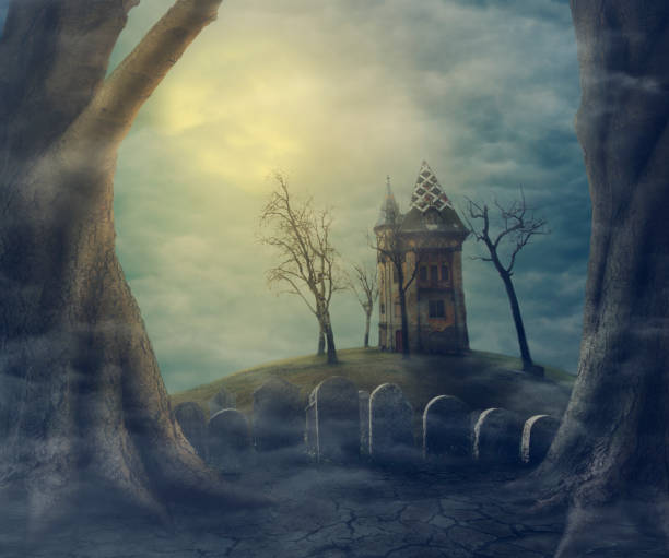 istock Haunted house on spooky graveyard. Halloween design. 1271991678