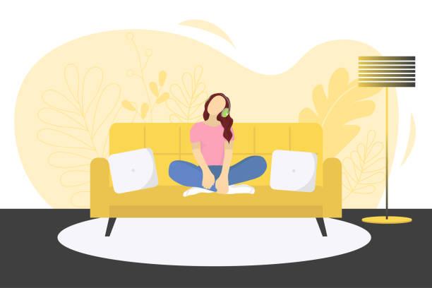 istock Vector illustration with a girl sitting on a sofa and listening to music. 1271993550