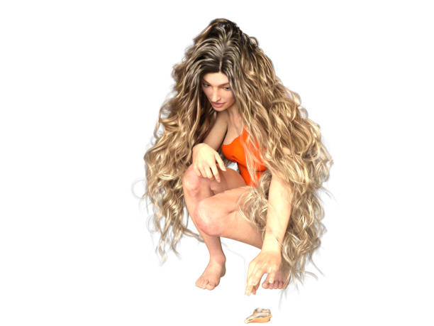 3D Illustration of a Long-Haired Woman Kneeling to Get a Seashell stock photo