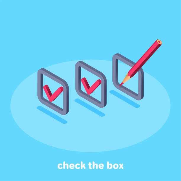 check the box isometric vector image on blue background, cells with check mark and blank cell with pencil, filling in test checkbox yes asking right stock illustrations