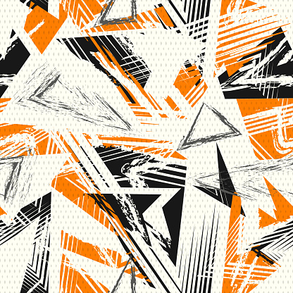 Abstract seamless geometric pattern. Colorful sport style vector illustration. Modern grunge urban art texture with chaotic lines, triangles, dots, brush strokes. Black, orange, gray and beige color