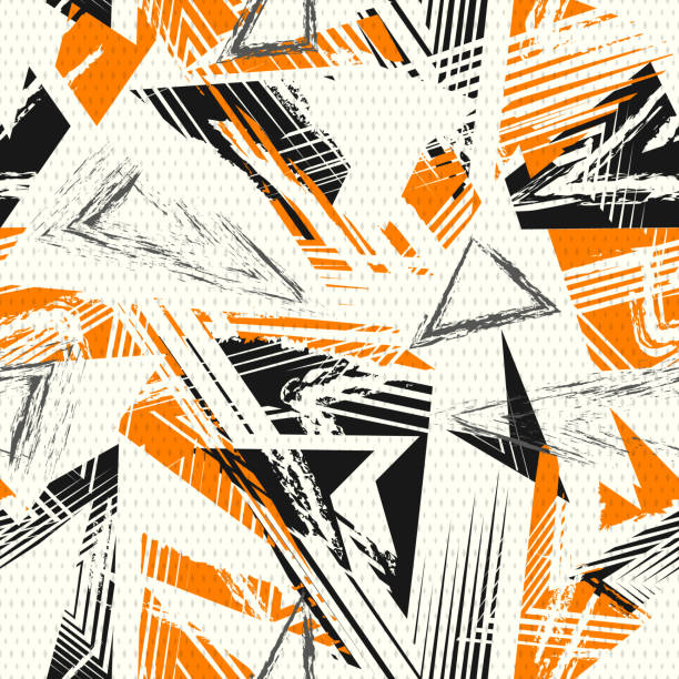 Abstract seamless geometric pattern. Colorful sport style vector illustration Abstract seamless geometric pattern. Colorful sport style vector illustration. Modern grunge urban art texture with chaotic lines, triangles, dots, brush strokes. Black, orange, gray and beige color extreme sports stock illustrations