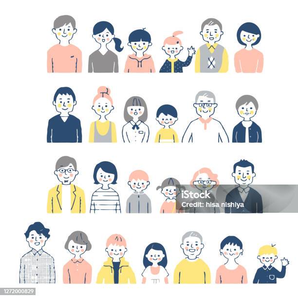 4 Pairs Of 3rd Generation Family Smiling Stock Illustration - Download Image Now - Family, Child, Illustration
