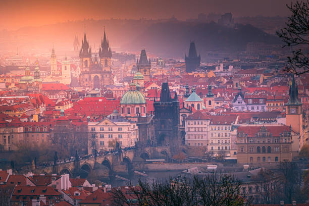 Prague with Charles bridge panorama from above at sunset – Czech Republic