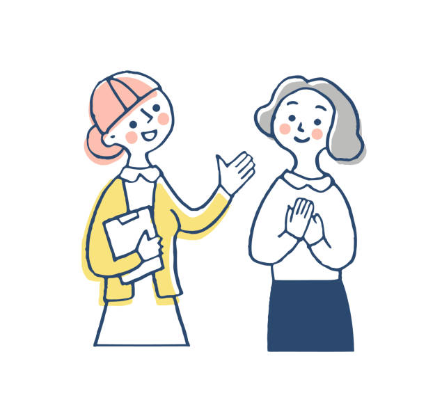 Nurse and woman talking with a smile Person, conversation, communication, Japanese, facial expression biomedical illustration stock illustrations