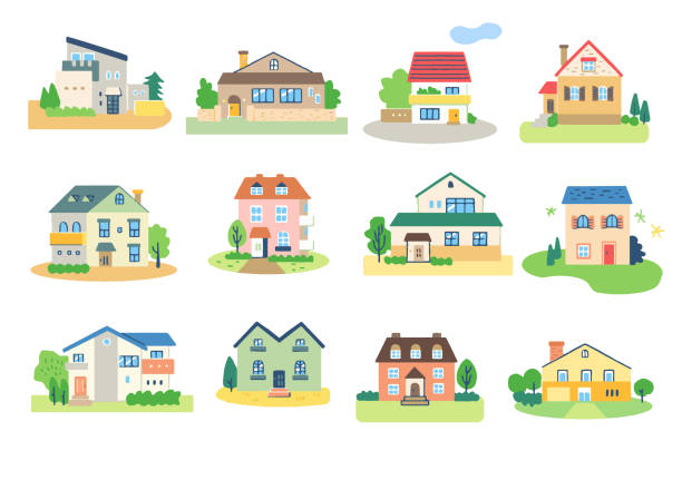 ilustraciones, imágenes clip art, dibujos animados e iconos de stock de 12 conjuntos de varias casas de diseño - front or back yard illustrations