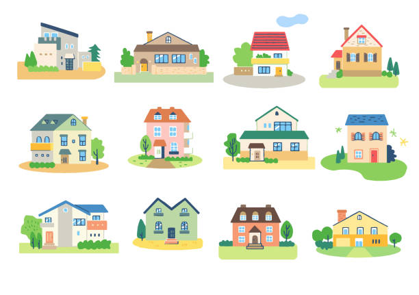 12 sets of various design houses house, lifestyle residential district illustrations stock illustrations