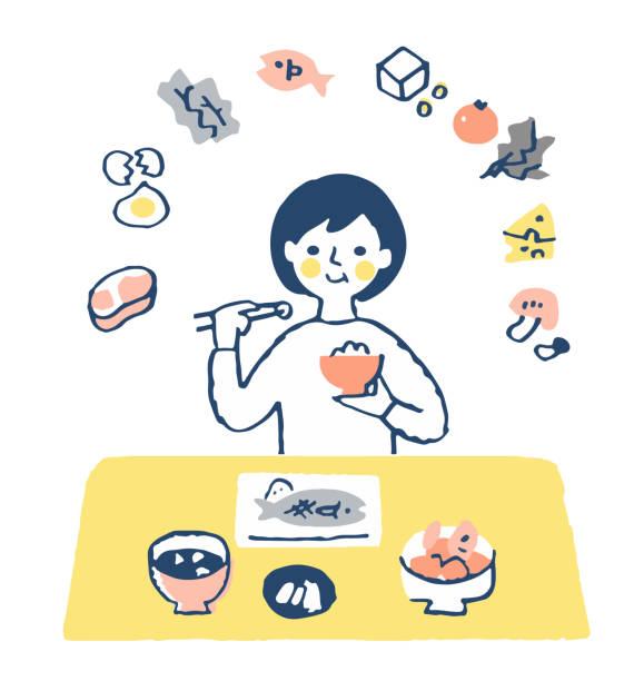 bildbanksillustrationer, clip art samt tecknat material och ikoner med kvinna som äter en näringsmässigt balanserad kost - mature woman having fish