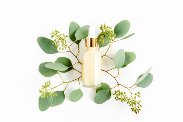 istock Bottle with hyaluronic acid eucalyptus essential oil, eucalypt leaf on white background. Concept of modern beauty. Flat lay, top view 1272003599