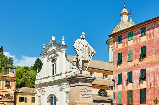 Old square with monument to Giuseppe Garibaldi in Chiavari town near Genoa, Liguria