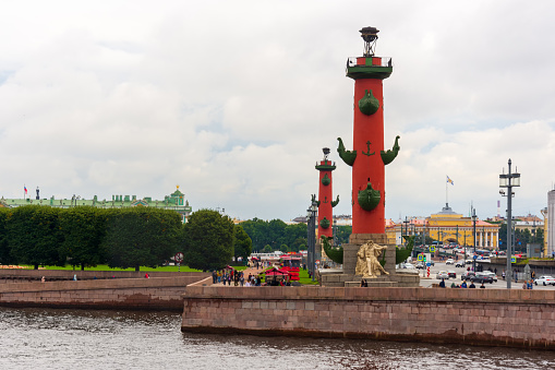 Russia, St. Petersburg - August 28, 2020: Rostral columns on the Spit of Vasilyevsky Island in St. Petersburg, Russia