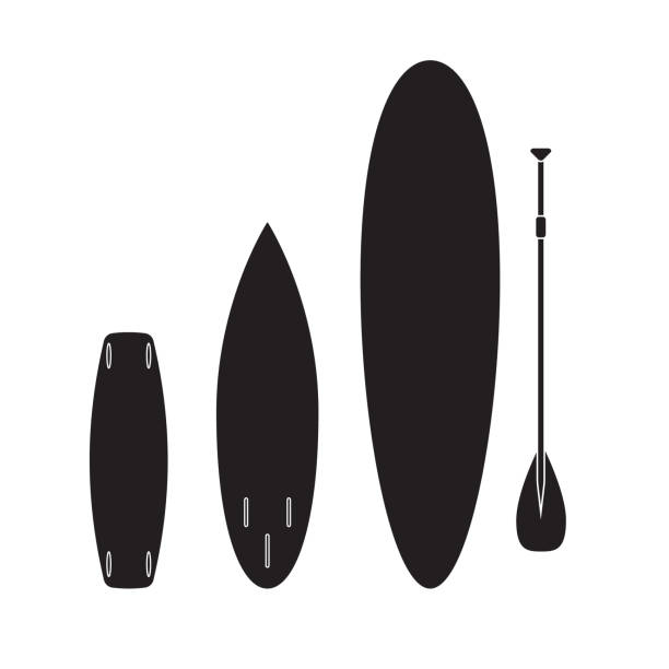 Vector flat cartoon set collection of black different surf stand up paddle and wake boards isolated on white background