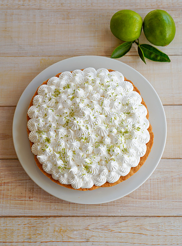Homemade lime pie (lime cream covered with meringue on a sweet crust).
