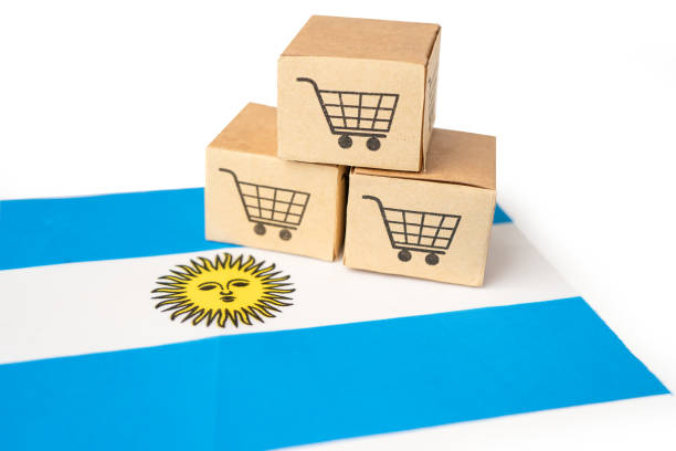 Box with shopping cart logo and Argentina flag, Import Export Shopping online or eCommerce finance delivery service store product shipping, trade, supplier concept. caja con logotipo de carro de la compra y bandera argentina, importación exportar compras en línea o comercio electrónico servicio de entrega de servicios de entrega de productos de la tienda de productos, comercio, concepto de proveedor.
