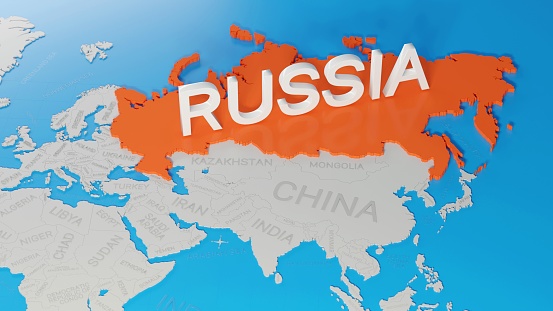 Russia highlighted on a white simplified 3D world map. Digital 3D render.