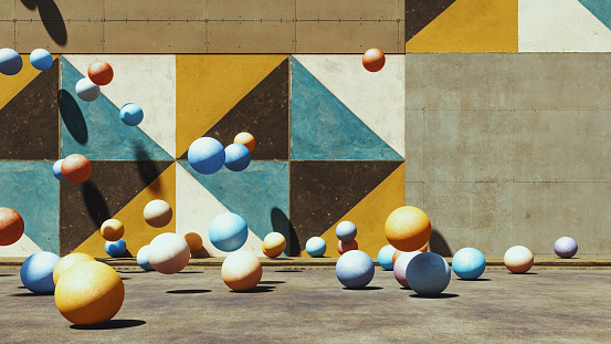 Abstract spheres on the street. This is entirely 3D generated image.