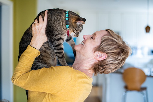 A pretty middle aged woman holds her tabby cat in her home.