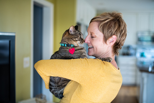 A pretty middle aged woman holds her tabby cat in her home.