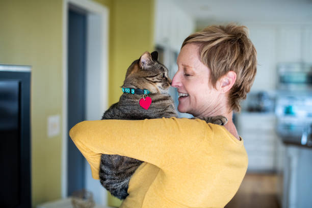mulher segurando seu gato - pets embracing one person portrait - fotografias e filmes do acervo