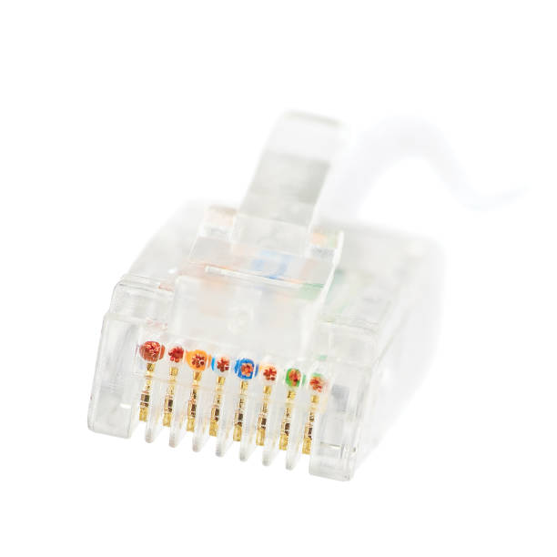 connessione di rete a banda larga lan internet ethernet rj45, plug-up isolato del connettore di rete jack rj-45 e primo piano macro via cavo, concetto di bokeh delicato, grigio, grigio chiaro, bianco - network connection plug rj45 cable bandwidth foto e immagini stock