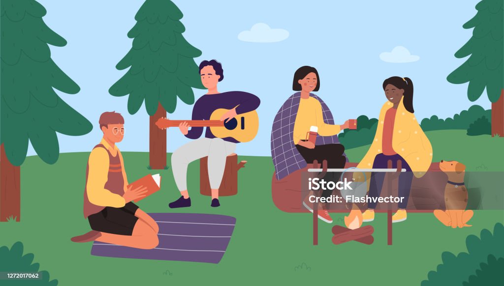 People On Picnic Camp Flat Vector Illustration Cartoon Happy Young Friend  Characters Sitting By Campfire Cooking Food Having Fun Time Together  Background Stock Illustration - Download Image Now - iStock