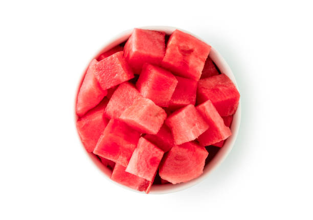 A bowl with Sliced fresh watermelon isolated on white background stock photo