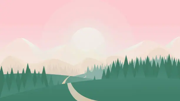 Vector illustration of Summer nature landscape vector illustration, cartoon flat countryside scenery with green grass land meadow on hills, spruce tree forest and road to sun on horizon