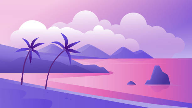 noc tropikalne wybrzeże krajobraz wektor ilustracji, kreskówka płaskie tropiki fioletowy romantyczny panoramiczny krajobraz z wieczorną plażą, palmy i morze - egzotyka obrazy stock illustrations