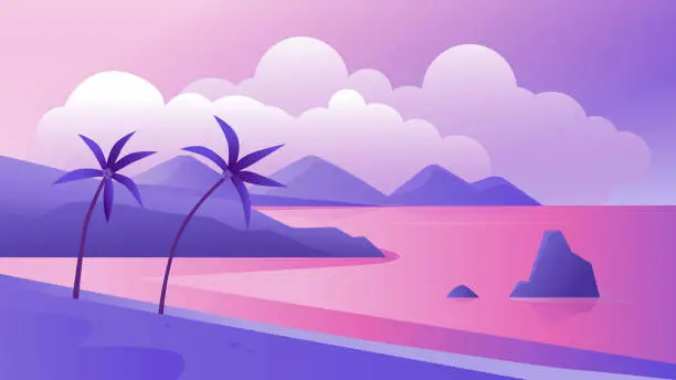 Vector illustration of Night tropical coast landscape vector illustration, cartoon flat tropics purple romantic panoramic scenery with evening beach, palm trees and sea