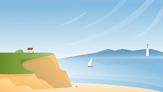 Rocky sea coast vector illustration. Cartoon flat panoramic scenic seascape with tranquil nature beach, small house on rocks, sailing boat ship in bay waters, lighthouse on horizon natural background